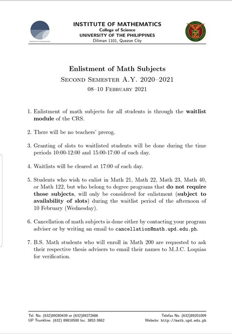 upd waitlist|Guidelines for Enlistment of Math Subjects (13 September .